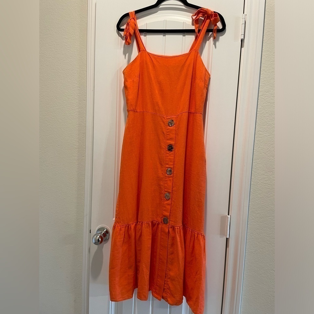 Emma & Michele Women Midi Dress Medium Orange Faux Button & Tie Linen Lagenlook